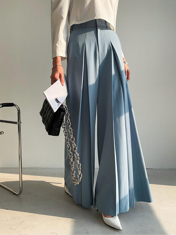 Pantalon plissé décontracté taille haute, à jambes larges, couleur unie