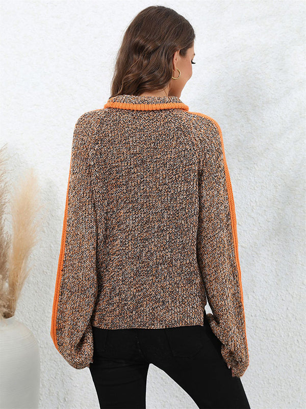 Pull décontracté à manches longues, ample, couleur contrastée, demi-col roulé