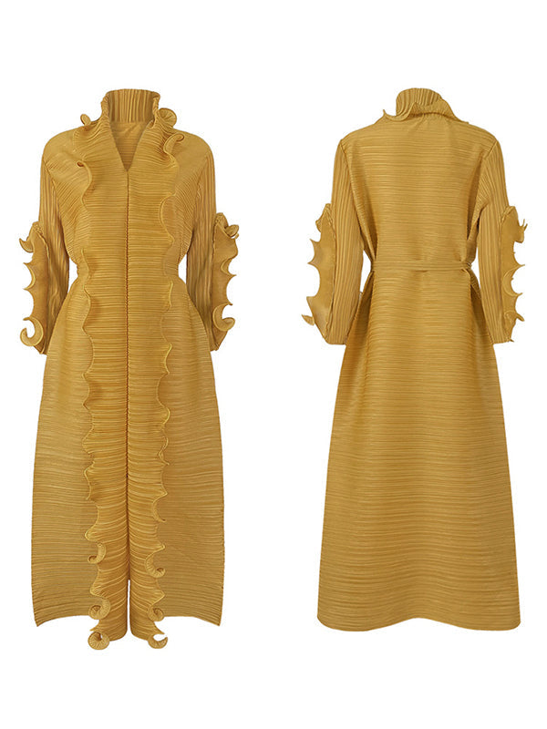 Robe longue ample nouée plissée à manches longues, à falbalas, à col en V, couleur unie