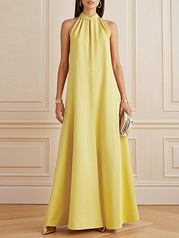 Robe longue ample plissée coupe trapèze, à col cheminée, couleur unie