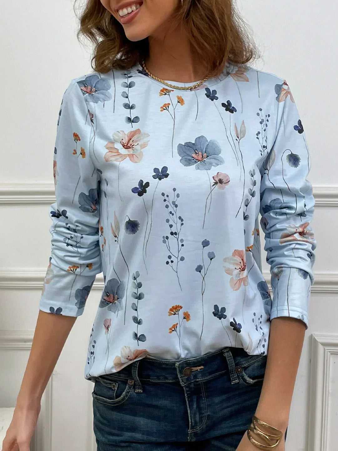 T-shirt à motifs floraux et col rond pour femmes