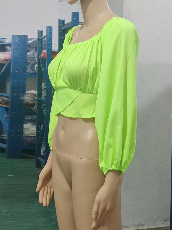Chemisier ample plissé à manches longues, à taille élastique, à épaules dénudées, couleur unie