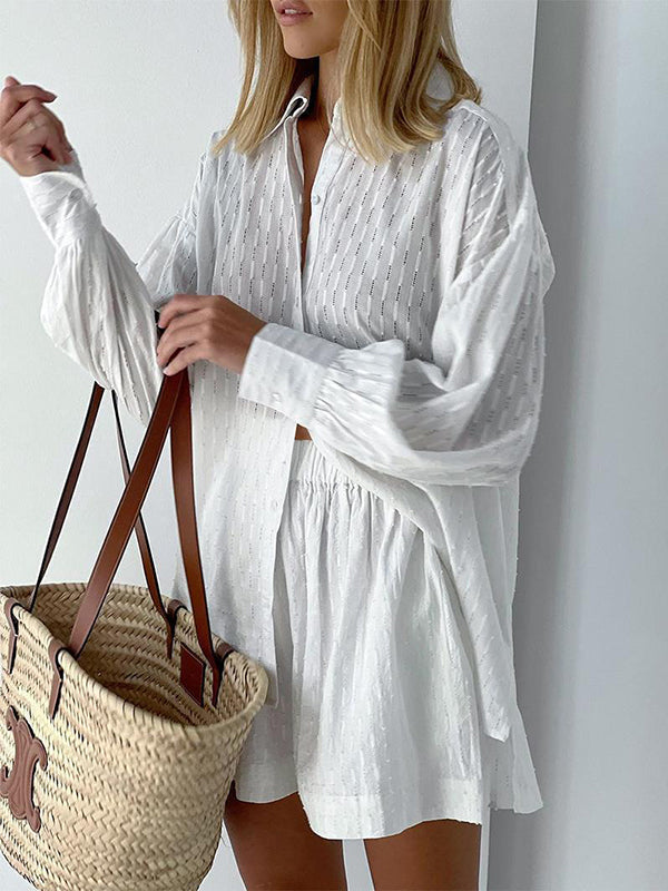 Ensemble deux pièces boutonné à ourlet plongeant, à manches longues, en jacquard, à col revers, couleur unie – chemise + haut + short