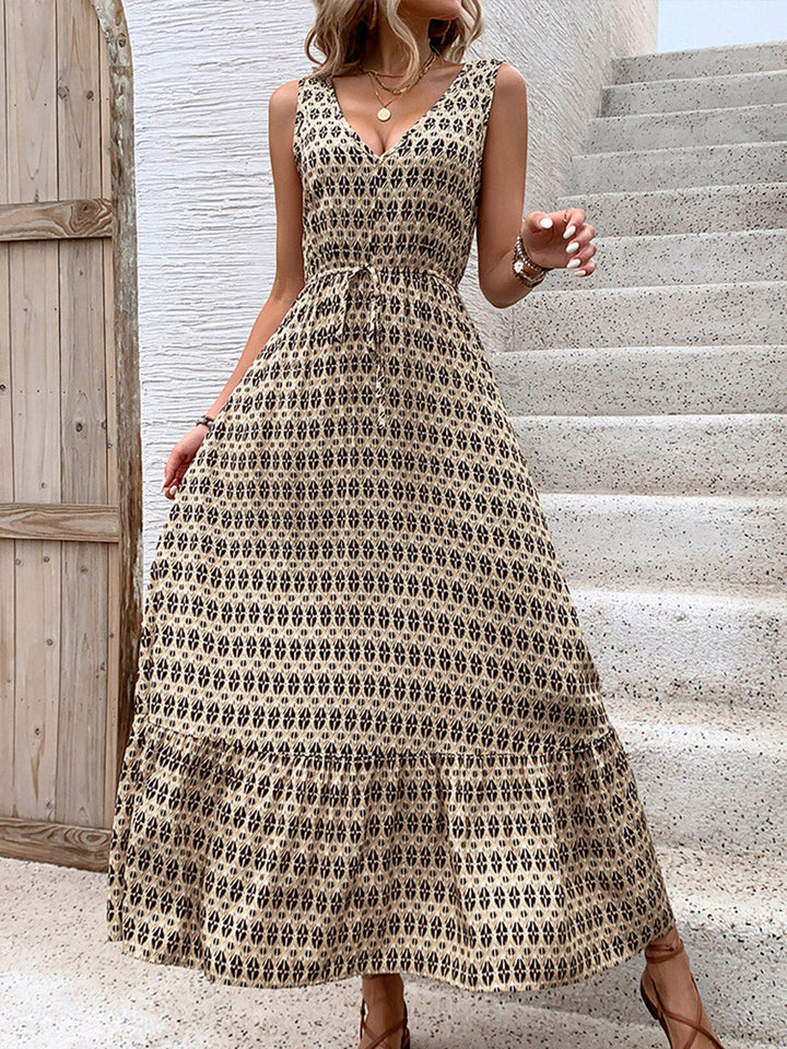 Robe longue imprimée taille haute, sans manches, à taille nouée, à col en V, couleur contrastée