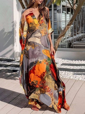 Robe longue ample imprimée à manches chauve-souris, en gaze, à empiècements, à col en V