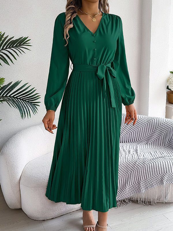 Robe longue boutonnée plissée taille haute, à manches longues, avec ceinture, à col en V, couleur unie