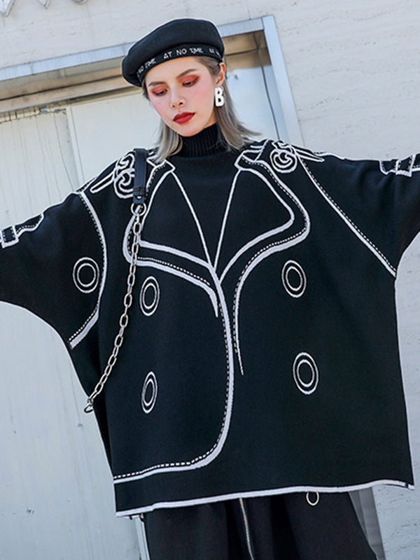 Pull décontracté ample à manches longues, en jacquard, à col haut, couleur contrastée