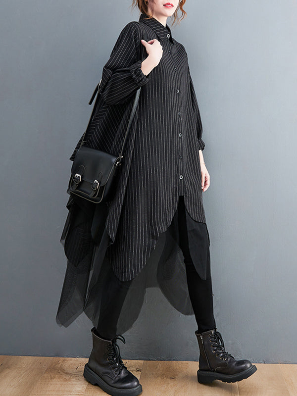 Robe ample rayée longue en gaze, à empiècements, à col revers