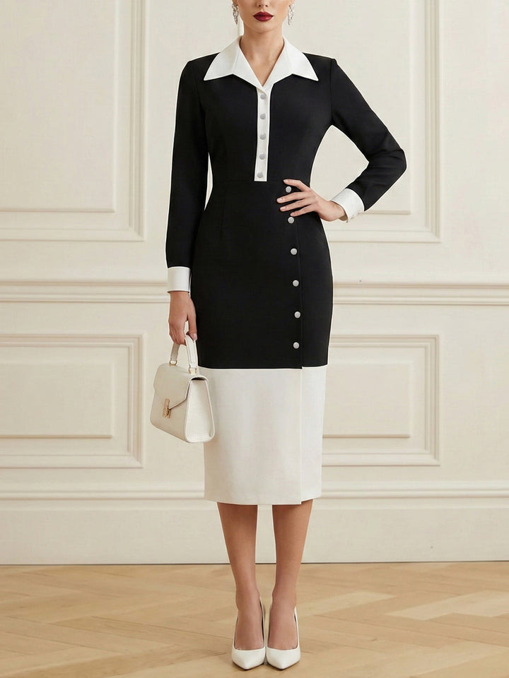 Robe mi-longue boutonnée fendue devant taille haute, à manches longues, à empiècements, à col revers, couleur contrastée