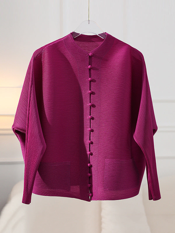 Veste ample boutonnée plissée à manches longues, à poches, à col rond, couleur unie