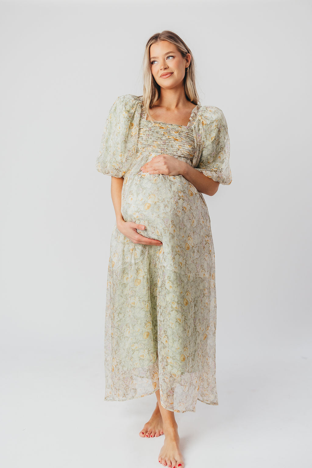 Robe maxi Melody avec plis et nœud floral en couleur sauge – résistant aux chocs et disponible en taille (S-3XL)