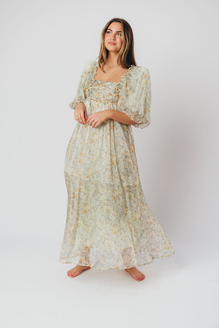 Robe maxi Melody avec plis et nœud floral en couleur sauge – résistant aux chocs et disponible en taille (S-3XL)
