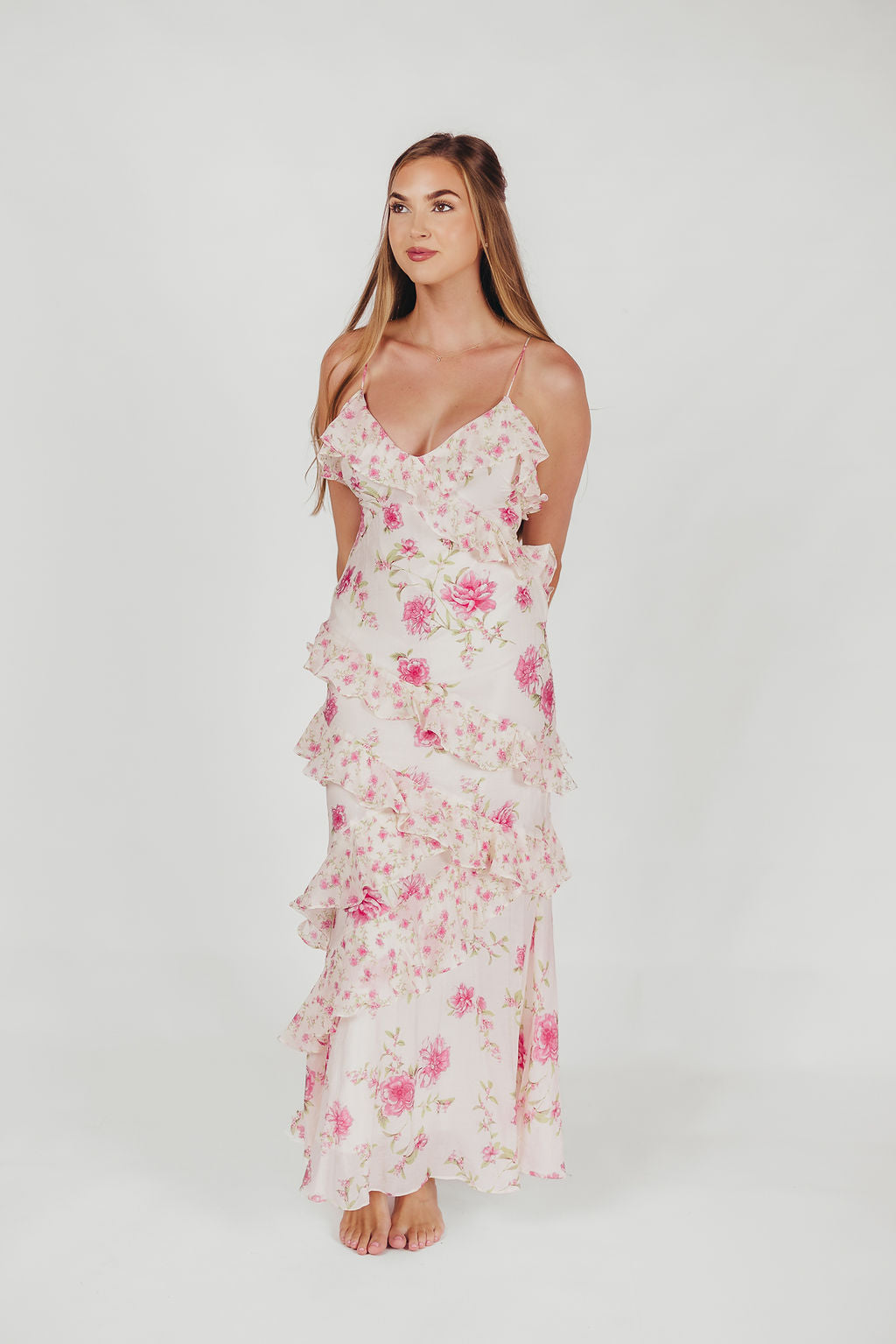 Robe maxi Amelia en ivoire/rose avec motif floral