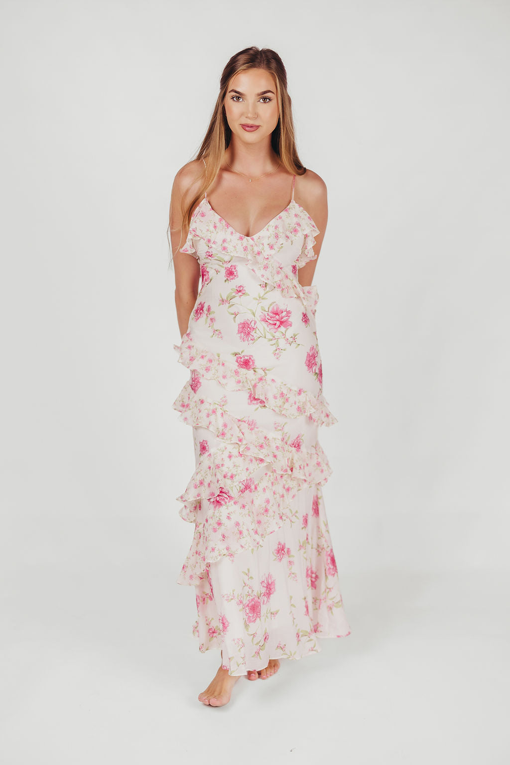 Robe maxi Amelia en ivoire/rose avec motif floral