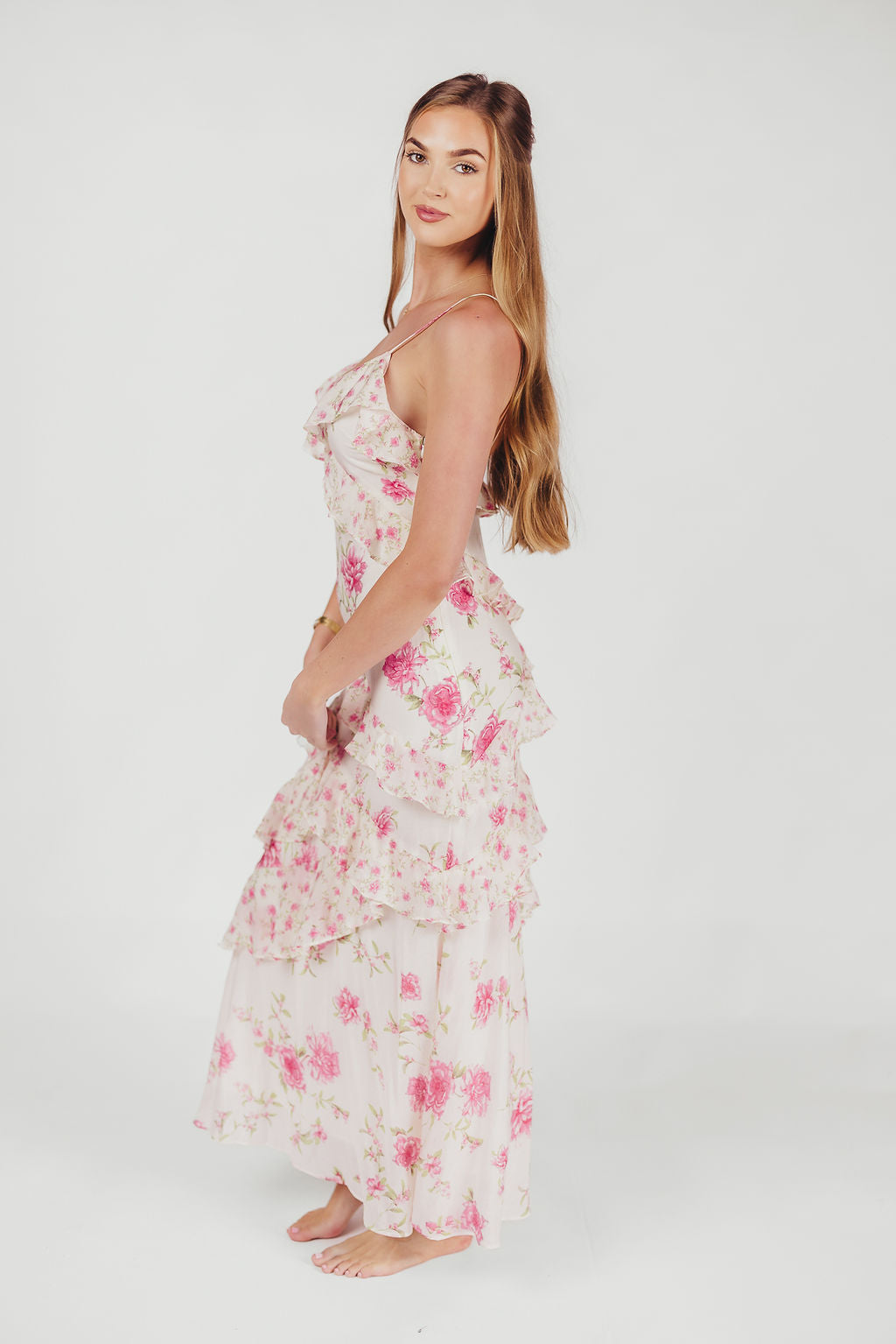 Robe maxi Amelia en ivoire/rose avec motif floral