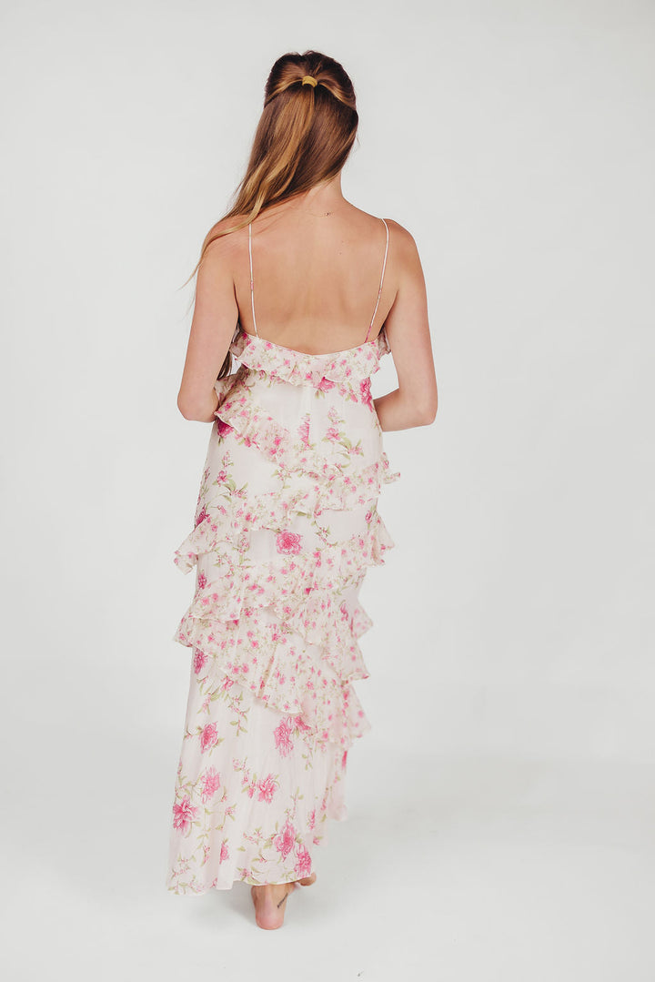 Robe maxi Amelia en ivoire/rose avec motif floral