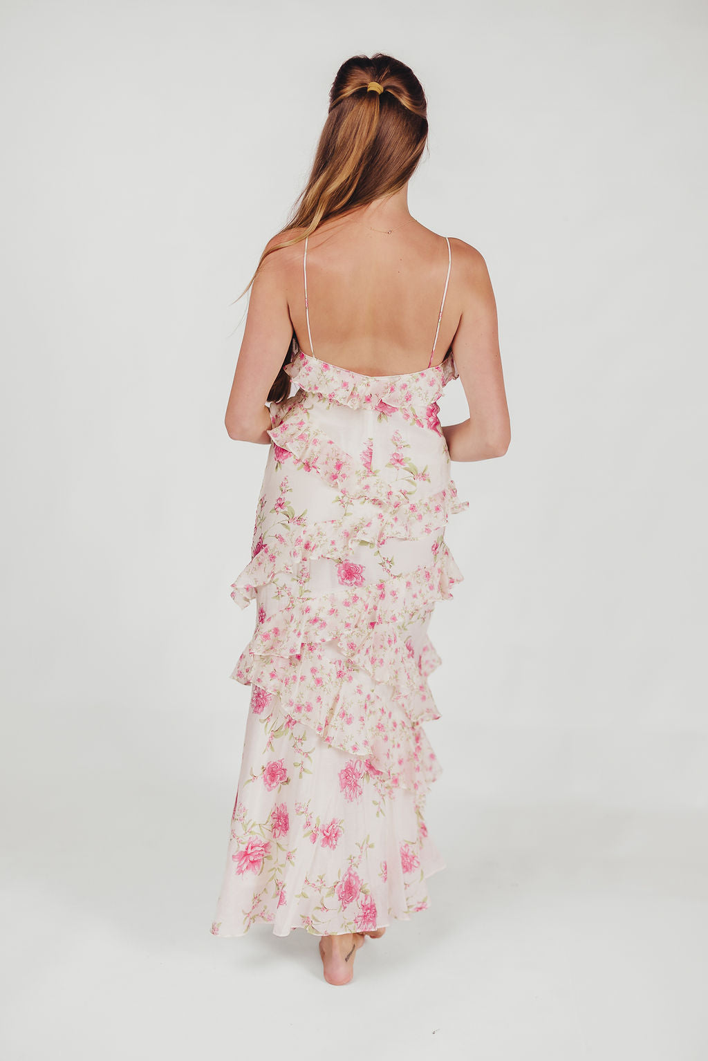 Robe maxi Amelia en ivoire/rose avec motif floral
