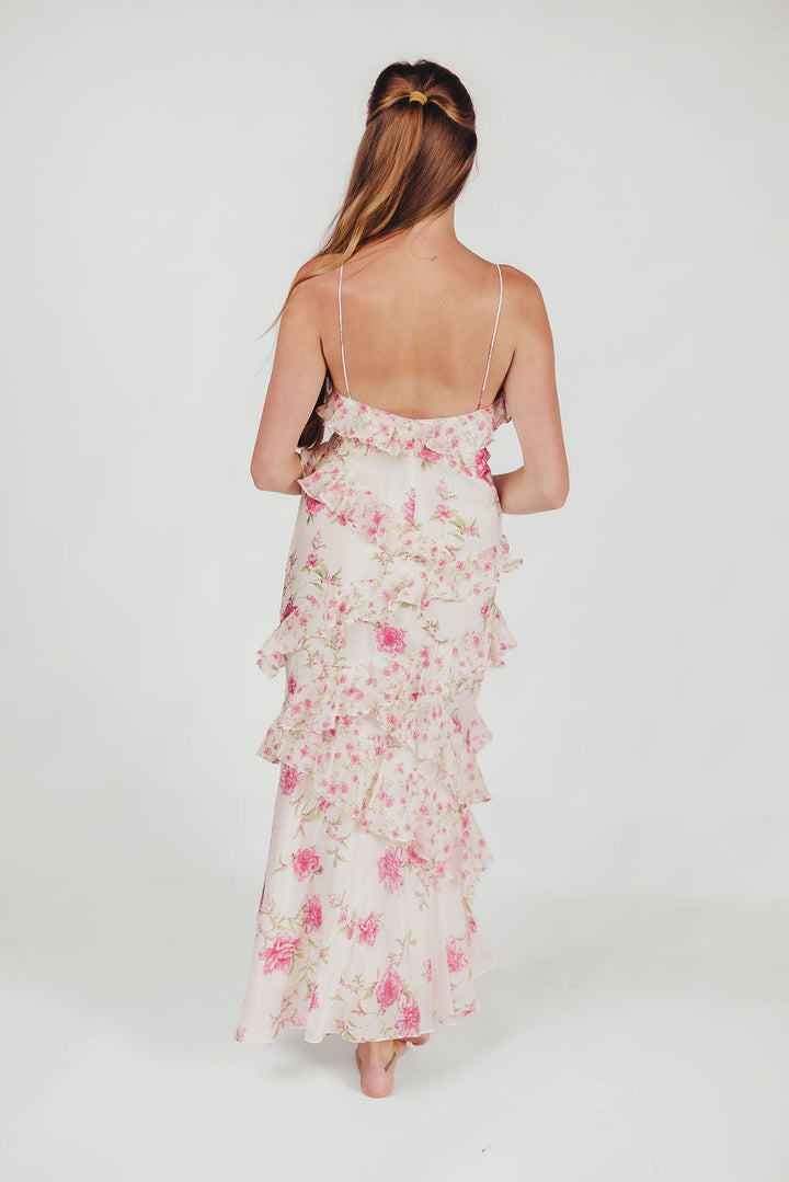 Robe maxi Amelia en ivoire/rose avec motif floral