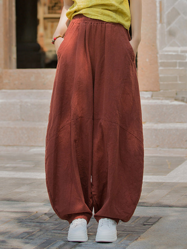 Pantalon ample à taille élastique, à poches, à empiècements, couleur unie