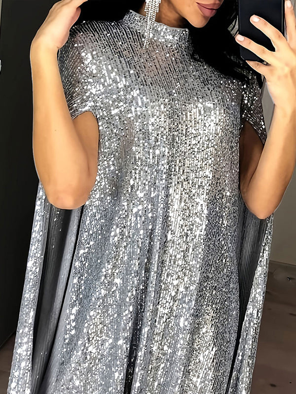 Robe courte brillante style cape, à manches longues, à sequins, à empiècements, à col cheminée