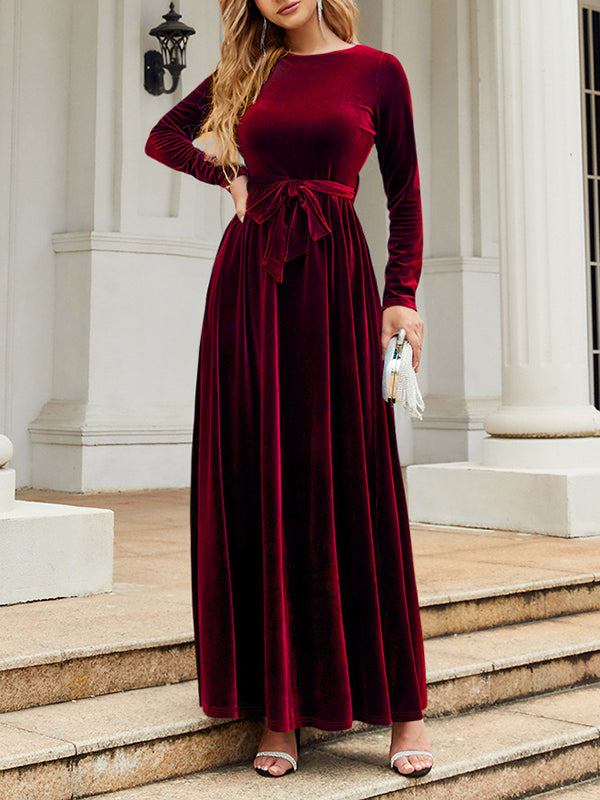 Robe longue plissée à manches longues, coupe portefeuille, avec ceinture, à fermeture éclair, à col rond, couleur unie