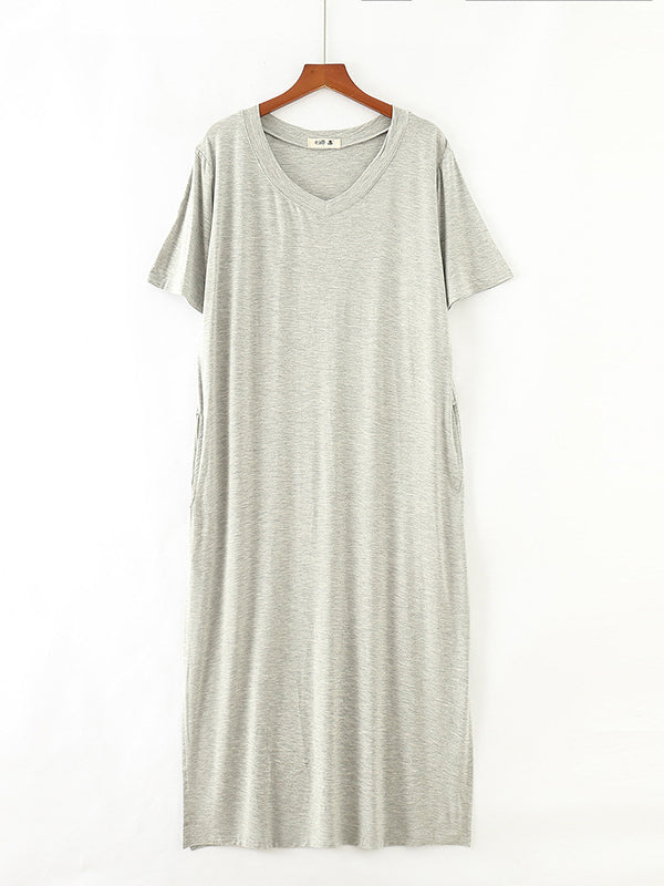 Robe de pyjama simple à manches courtes, ample, fendue sur le côté, couleur unie, col en V