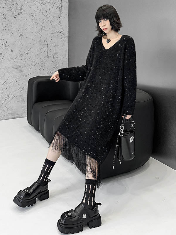 Robe pull brillante à coupe irrégulière, à manches longues, à sequins, à empiècements, à pompons, à col en V, couleur contrastée