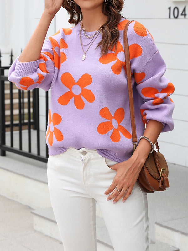 Pull en maille ample à manches longues, à fleurs en tricot, à col rond