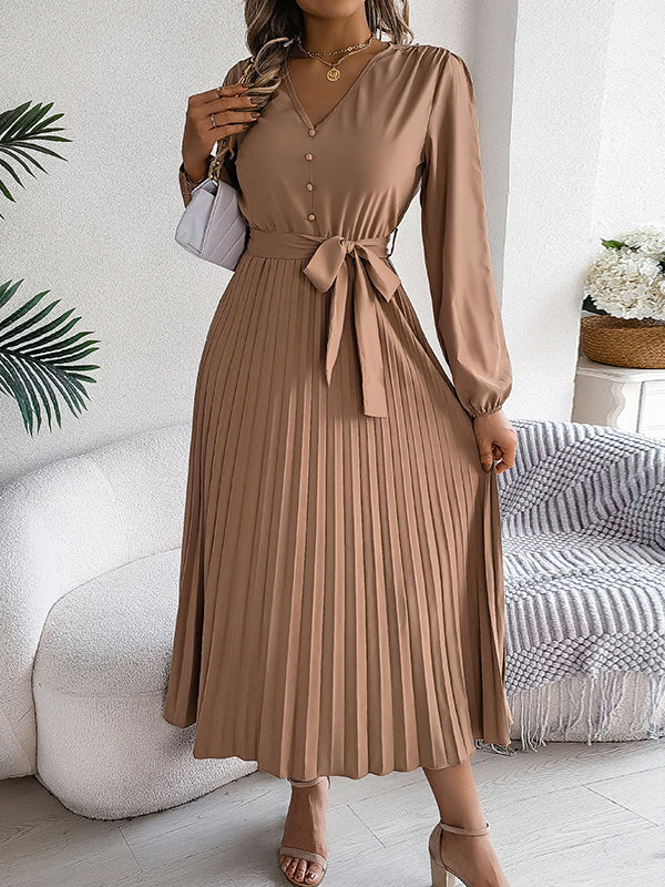 Robe longue boutonnée plissée taille haute, à manches longues, avec ceinture, à col en V, couleur unie