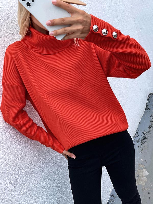 Tricot décontracté ample de couleur unie à col haut et manches longues