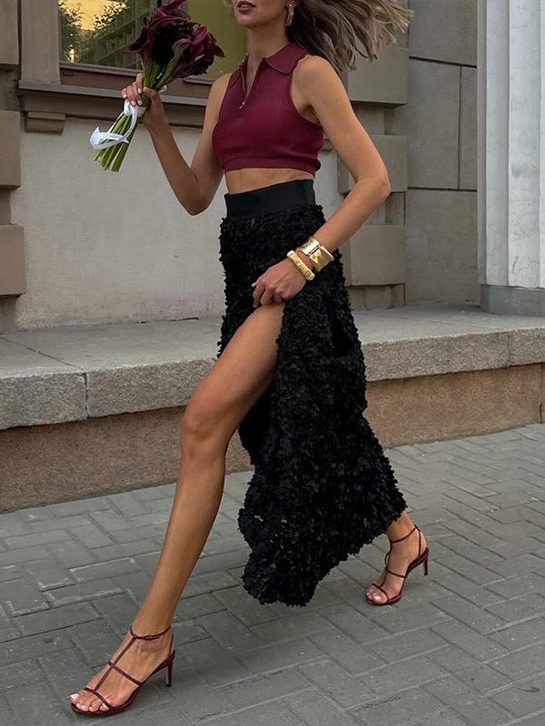 Jupe coupe trapèze, taille haute, à fleurs en 3D, couleur unie