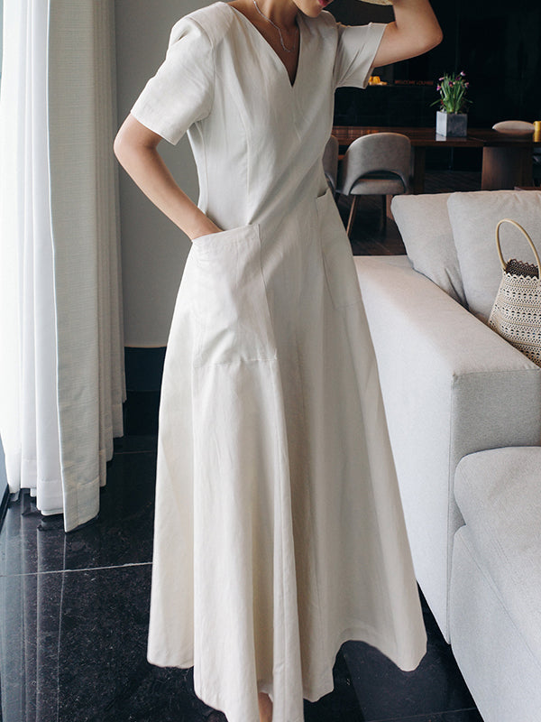 Robe mi-longue simple décontractée plissée couleur unie