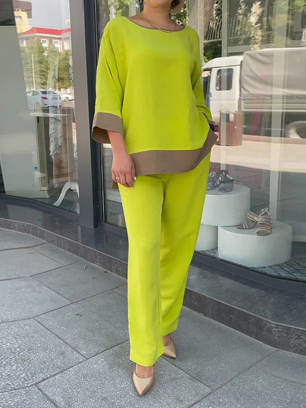 Ensemble deux pièces ample fendu sur le côté à manches trois-quarts, à col rond, couleur contrastée – chemise + haut + pantalon