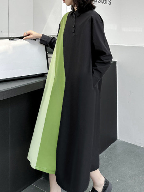 Robe chemise ample asymétrique boutonnée à manches longues, à empiècements, à col revers, couleur contrastée