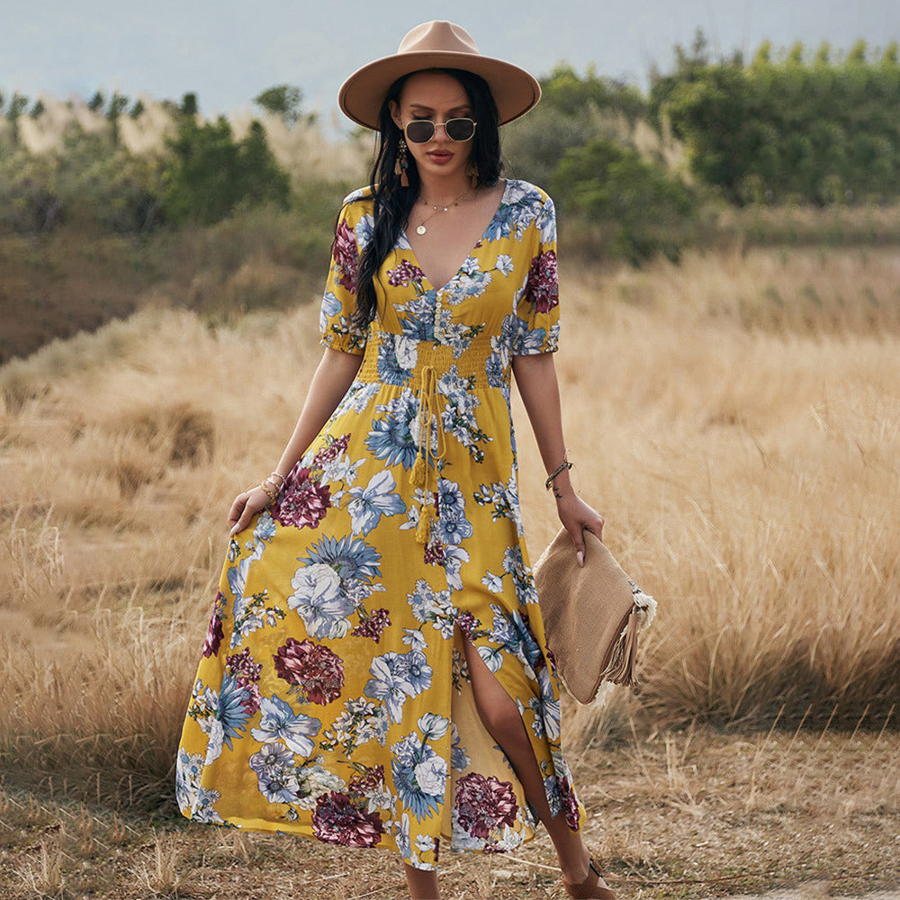 Lucia - Robe maxi avec décolleté en V et motif floral