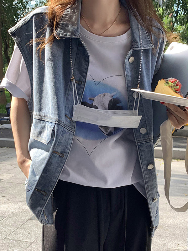 Gilet sans manches simple à empiècements, en jean, couleur unie