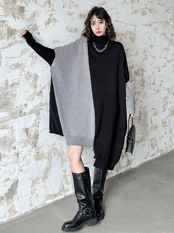 Robe pull mi-longue asymétrique à manches chauve-souris et col haut, couleur contrastée