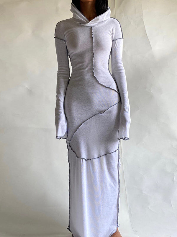 Robe longue à manches longues, grande taille, à empiècements, à capuche, couleur unie