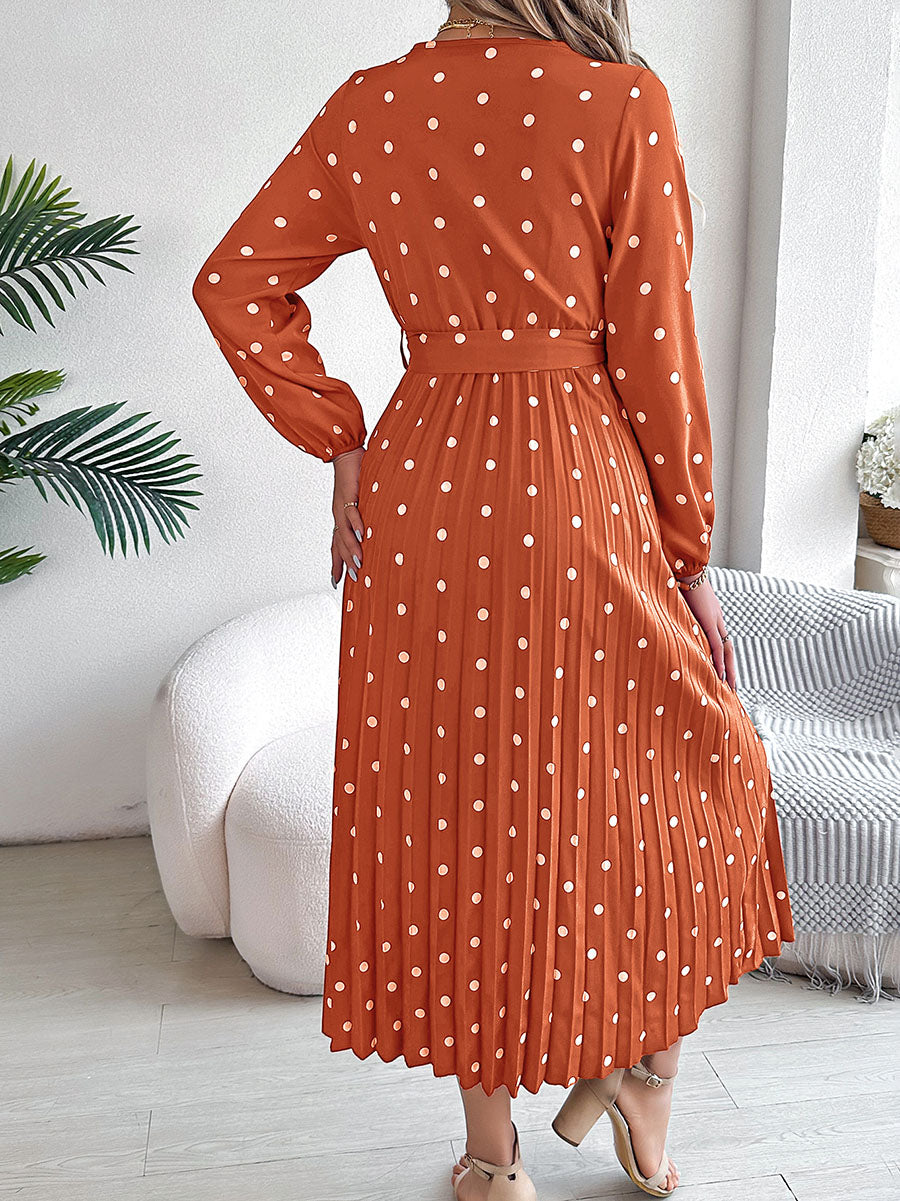 Robe chemise plissée taille haute, à manches longues, à pois, à taille nouée, à col en V