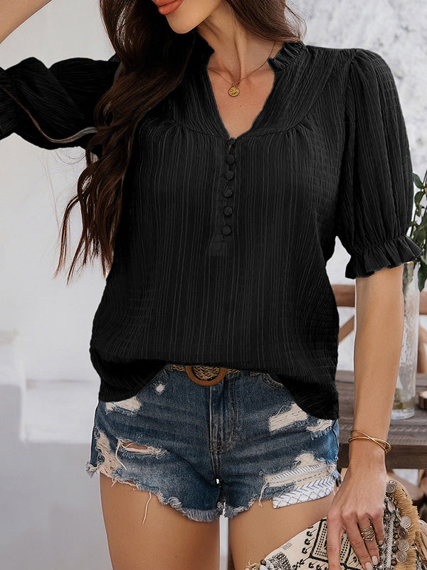 Chemisier boutonné à manches évasées, à manches mi-longues, à bordure volantée, à col en V, couleur unie