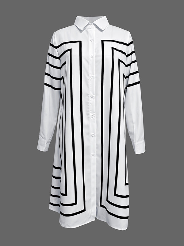 Robe chemise ample boutonnée rayée à manches mi-longues, à col revers