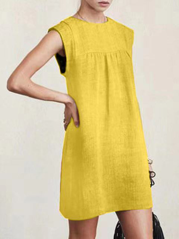 Robe courte décontractée ample à mancherons, à col rond, couleur unie