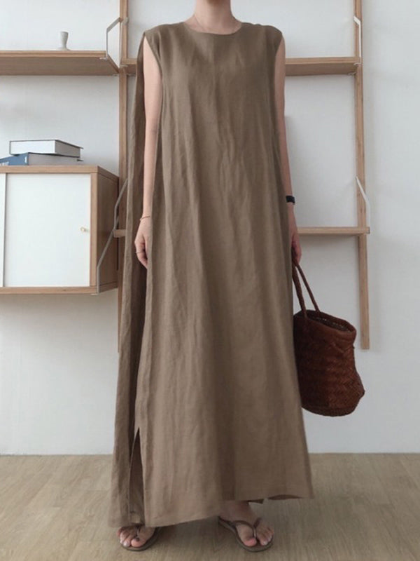 Robe mi-longue décontractée simple fendue sur le côté à col rond, sans manches, couleur unie