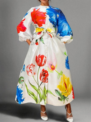 Robe longue boutonnée coupe trapèze, à manches longues, à taille élastique, à poches, à taille nouée, à col cheminée
