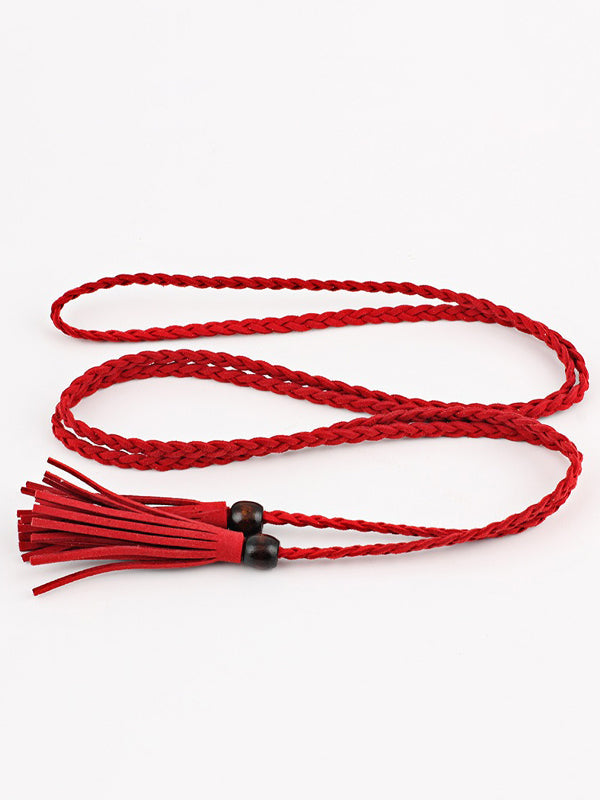 Ceinture de couleur unie à pompons en cuir artificiel de Bohême