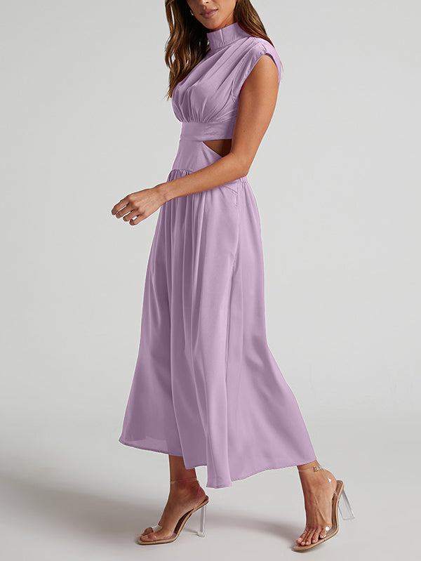 Robes longues plissées à manches courtes et ventre creux, couleur unie, col montant