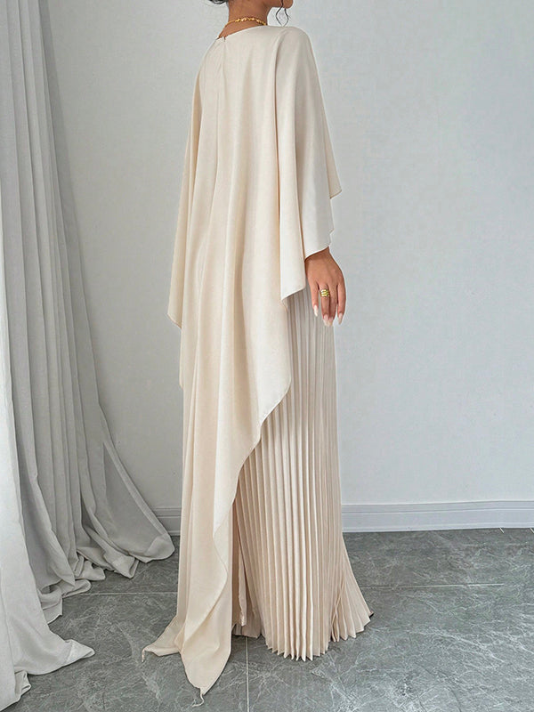 Robe de soirée longue plissée style cape, à ourlet plongeant, à empiècements, à col rond, couleur unie
