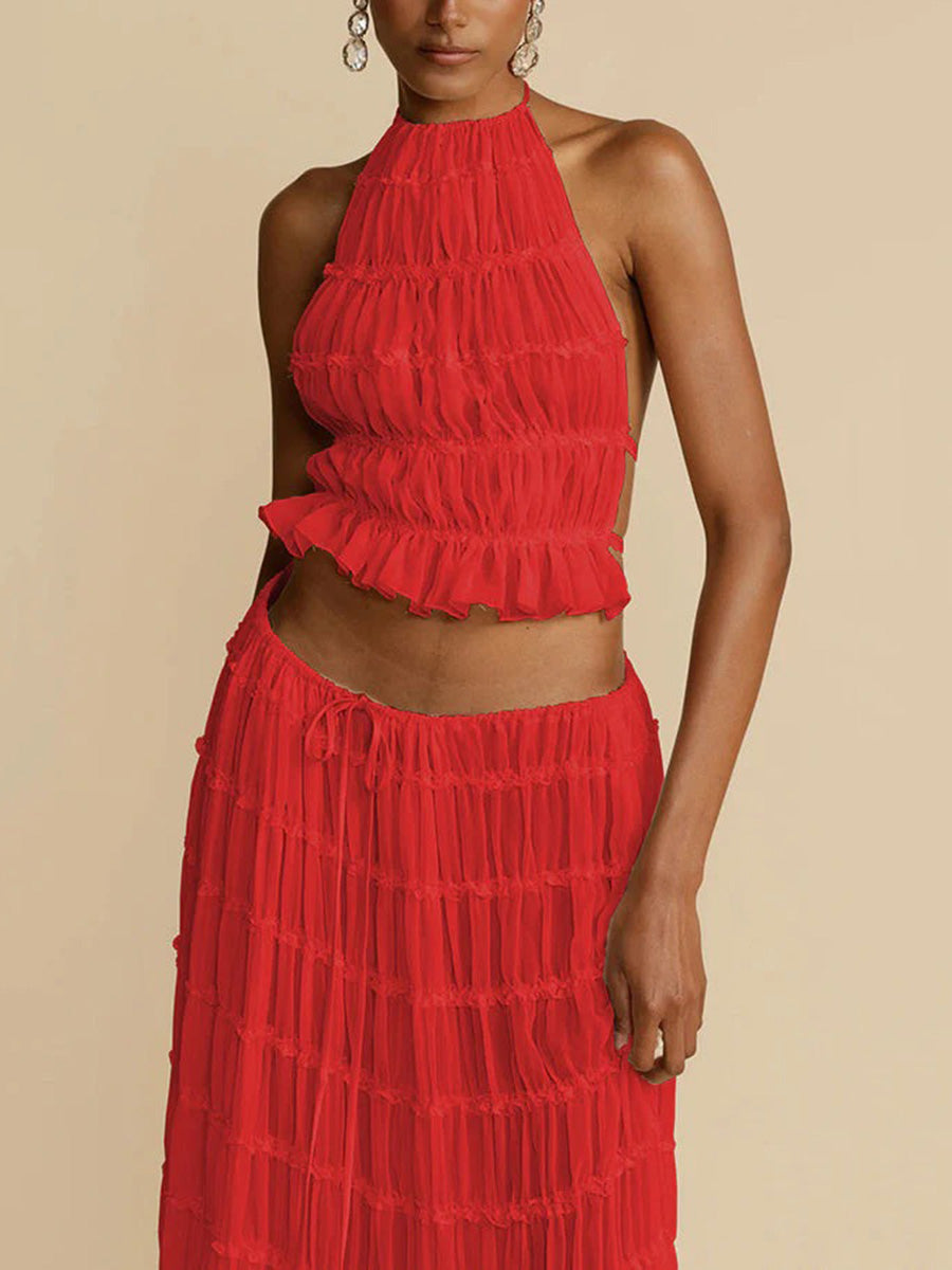 Ensemble deux pièces plissé texturé court volanté à col licou, dos nu, à taille nouée, taille haute, couleur unie – débardeur + jupe