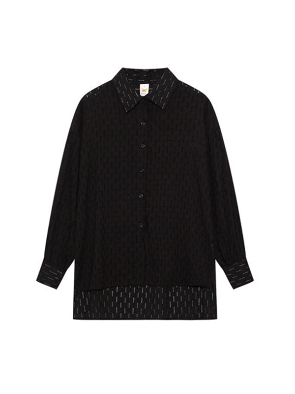 Ensemble deux pièces boutonné à ourlet plongeant, à manches longues, en jacquard, à col revers, couleur unie – chemise + haut + short