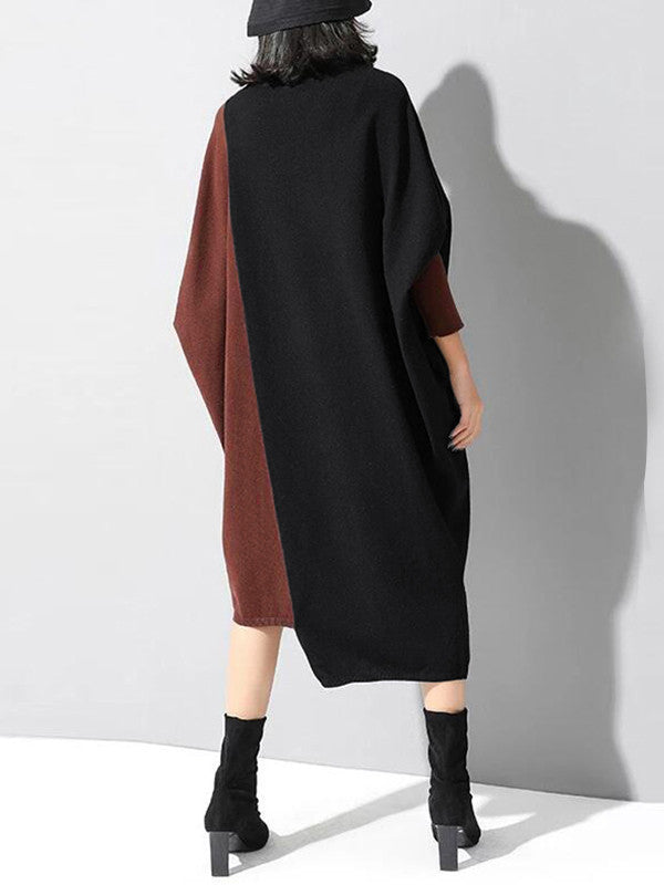 Robe décontractée ample à empiècements, à col haut, à manches longues, couleur contrastée